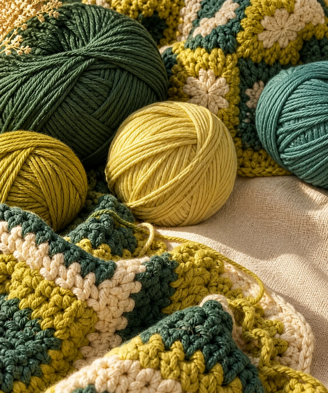 Ovillos verdes, amarillos y celestes entre tejidos de crochet sobre una tela natural